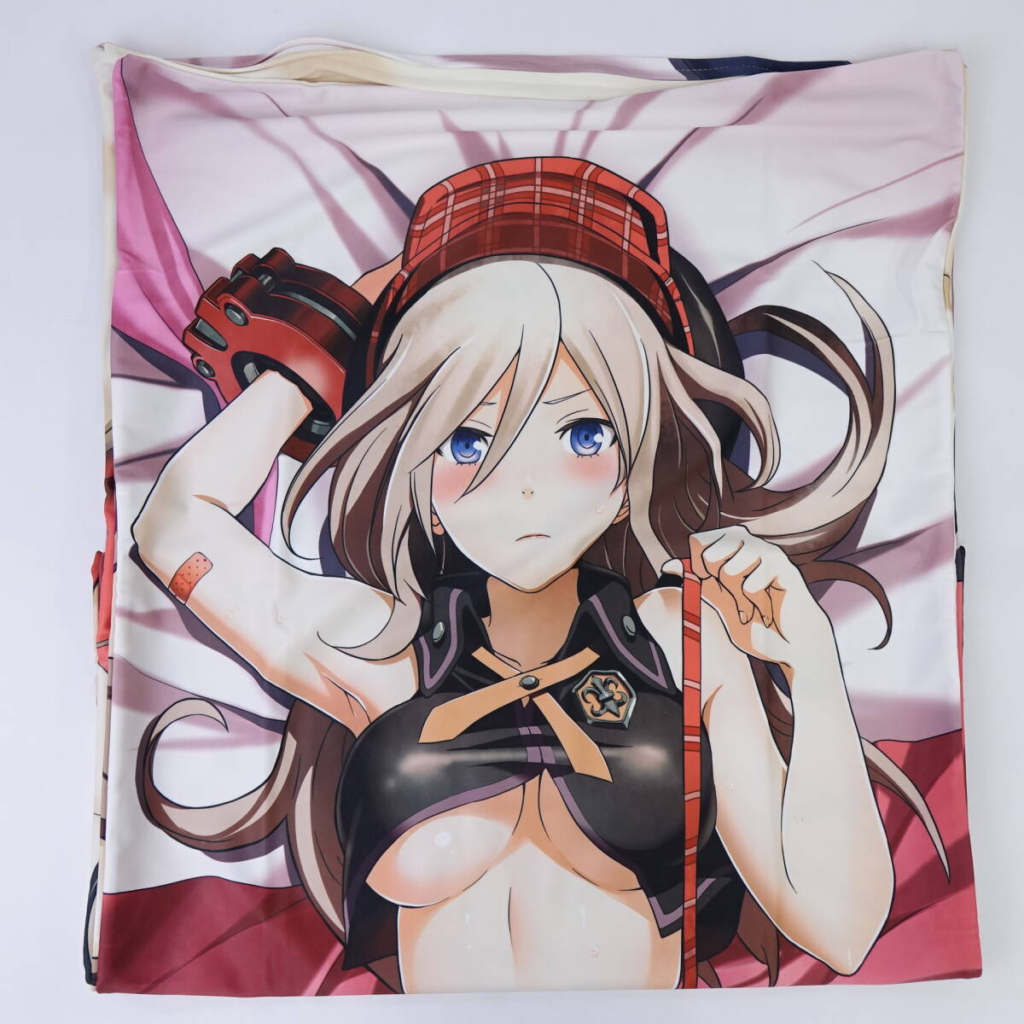 Decorative blanket featuring an anime girl with long light hair, blue eyes, wearing a black bikini-style top and a red plaid hat/hood accessory.