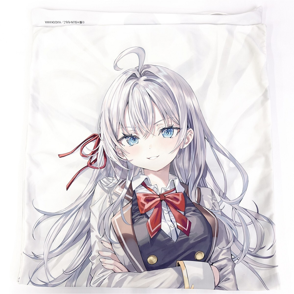 Portrait of a smiling anime girl with long silver hair and blue eyes, wearing a white shirt and brown vest with a red bow, on a white background