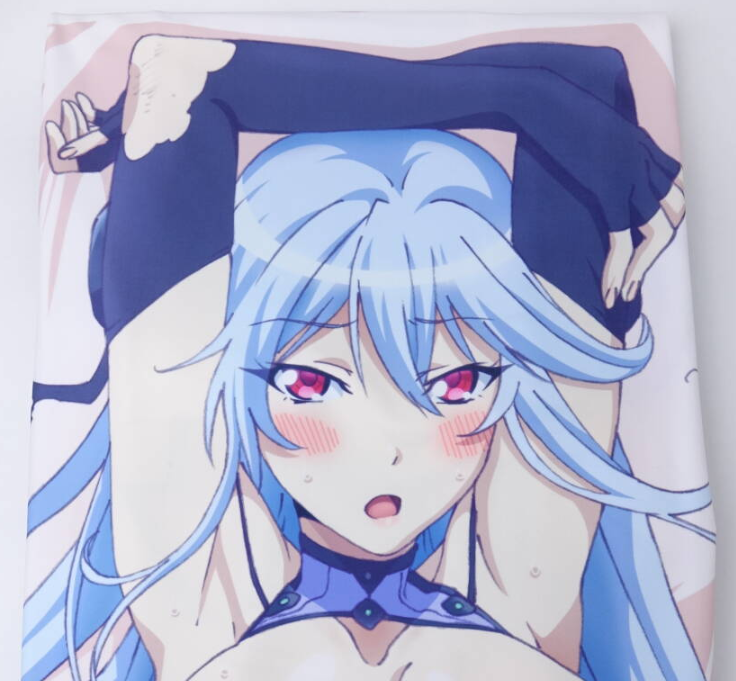 Anime-style blue-haired girl with red eyes, blushing cheeks, arms raised behind her head on a pillow/dakimakura cover, wearing a blue outfit with a high collar mix.
