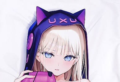 Anime-style girl with blond hair and blue eyes wearing a purple cat-ear hoodie labeled 'UXU', holding a pink handheld device.