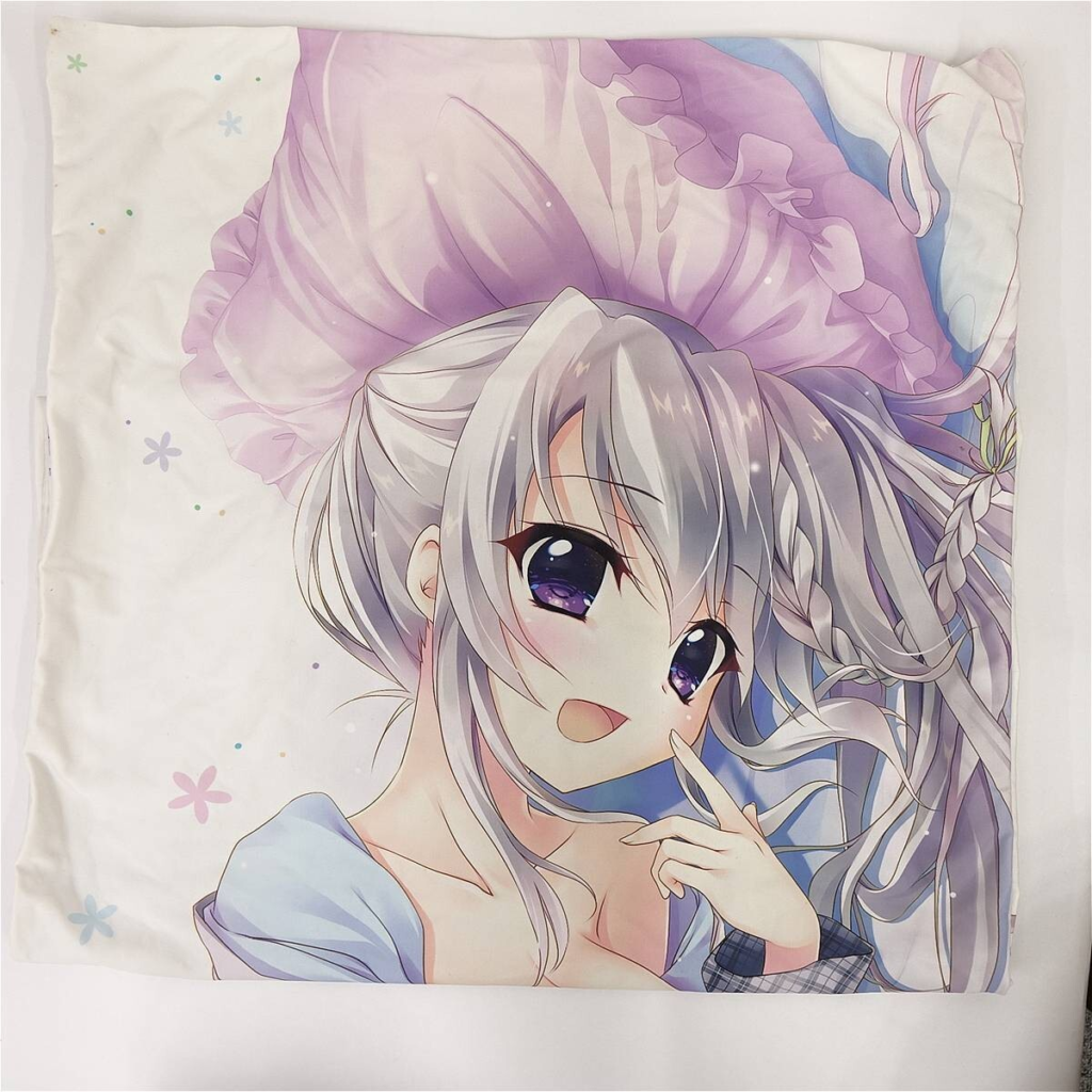 Anime-style pillow cover featuring a smiling girl with long silver hair and purple eyes, touching her lips with one finger against a pastel background.