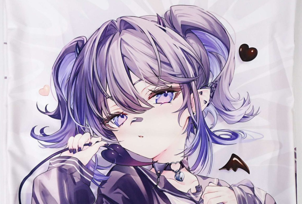 Anime-style portrait of a girl with lavender-purple twin buns, blue-violet eyes, and a microphone resting near her mouth as if singing or speaking.