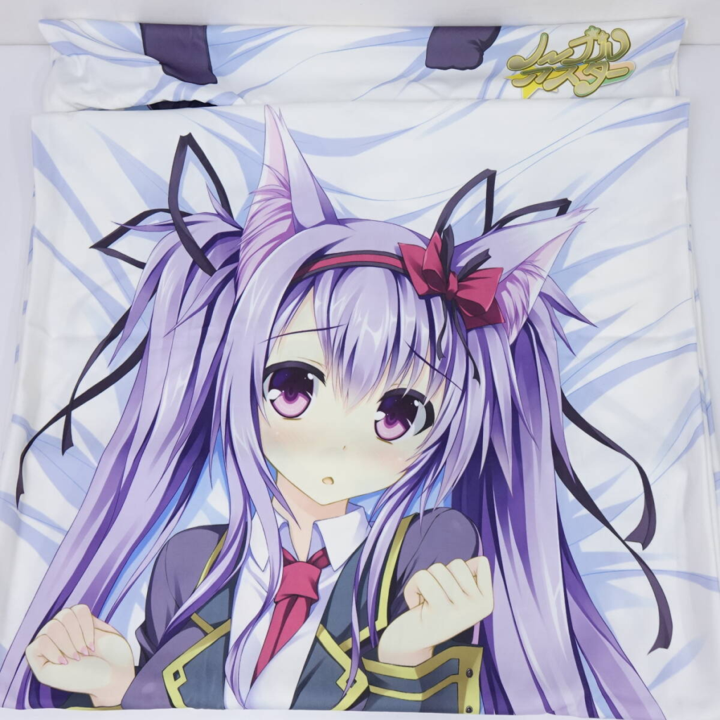 Anime-style dakimakura pillow cover featuring a purple-haired girl with cat-ear-like strands, red bow, and school uniform on a light blue background.