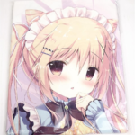 image - 【絵巻本舗】二次元イラストグッズ特化型買取専門店 Anime-style girl with pink-blonde hair, large eyes, and a frilly maid headband, blush on cheeks, wearing a blue-ruffled outfit.