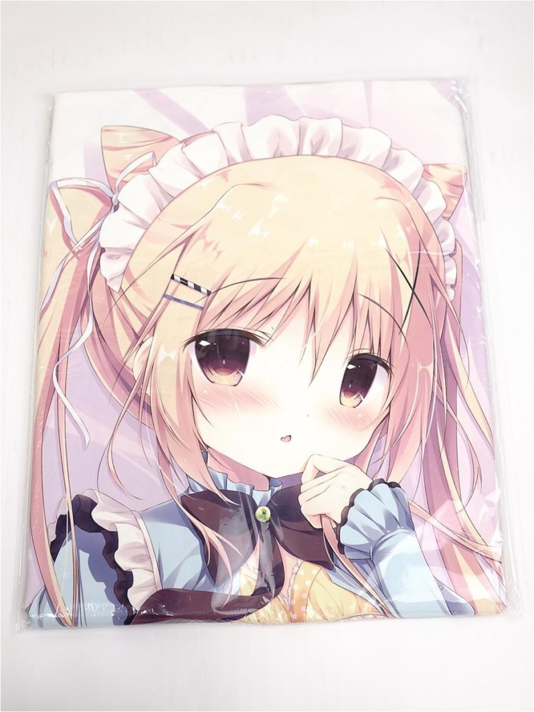 Anime-style girl with pink-blonde hair, large eyes, and a frilly maid headband, blush on cheeks, wearing a blue-ruffled outfit.