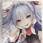 image - 【絵巻本舗】二次元イラストグッズ特化型買取専門店 Close-up of an anime girl with silver hair and blue eyes, wearing a maid headband and black outfit, with a finger to her lips in a whisper gesture.