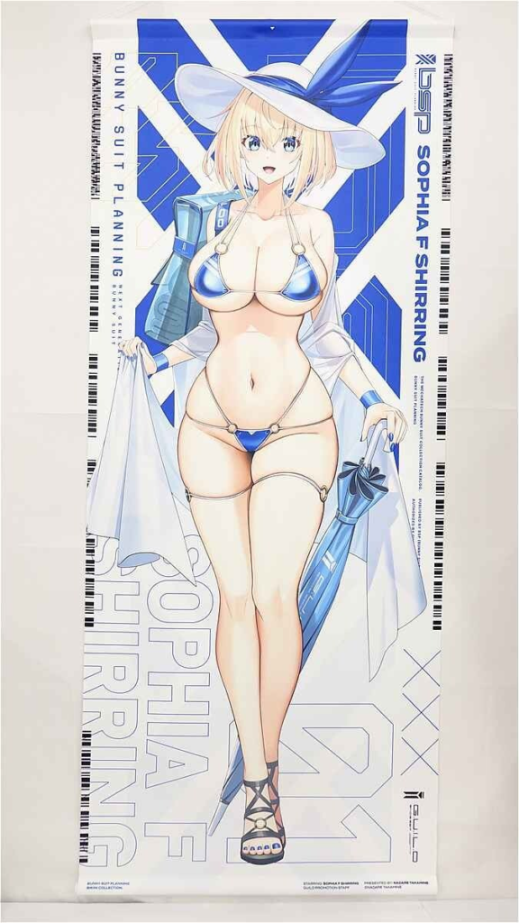 Full-length anime-style illustration of a blonde woman in a blue bikini and wide-brim hat, standing with props against a blue geometric background.