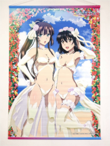 Two anime girls in sheer white wedding lingerie posing in front of a colorful flower arch on a sunny beach, with a blue sky and ocean in the background.