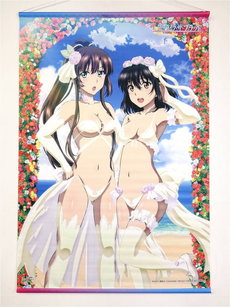 Two anime girls in sheer white wedding lingerie posing in front of a colorful flower arch on a sunny beach, with a blue sky and ocean in the background.