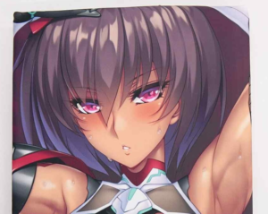 Close-up of an anime-style girl with purple hair and pink eyes, sweating and looking at the viewer in a futuristic outfit