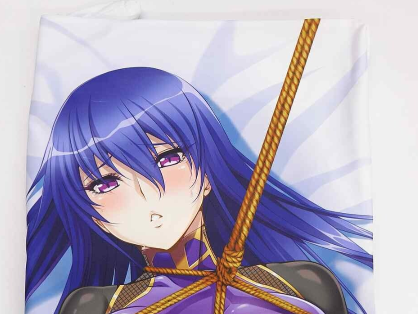 Anime-style illustration of a purple-haired female character in a purple outfit with a thick rope wrapped around her neck.