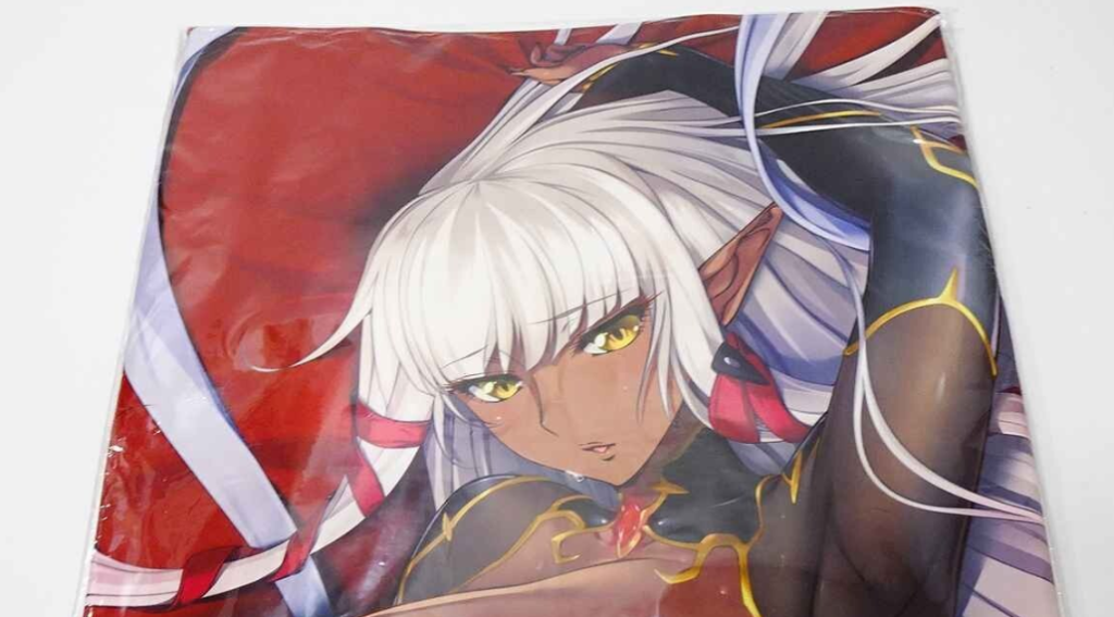 Close-up of an anime-style character with white hair, yellow eyes, and elf ears on a red background (tapestry).