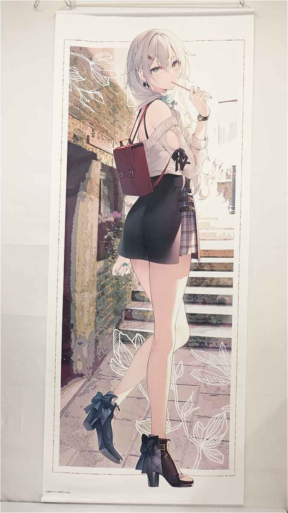 l12288641771 - 【絵巻本舗】二次元イラストグッズ特化型買取専門店 Full-length anime-style illustration of a white-haired girl with a burgundy backpack, off-shoulder sweater, black mini skirt with plaid side, and bow-heel boots, standing in a brick alley.