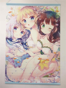 Colorful anime-style wall scroll showing three girls in swimsuits posing together, with bubbles and water droplets around them in a bright, underwater-like scene.