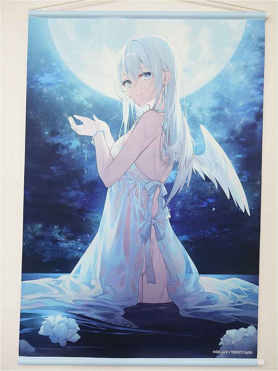 illustration of a pale-blue haired anime girl with wings kneeling in water under a full moon, wearing a sheer white dress