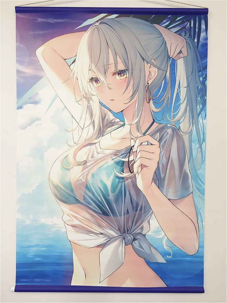 u12288569331 - 【絵巻本舗】二次元イラストグッズ特化型買取専門店 Anime-style wall scroll showing a silver‑haired girl in a tied white shirt by the sea, holding her hair with one hand and wearing a hoop earring.