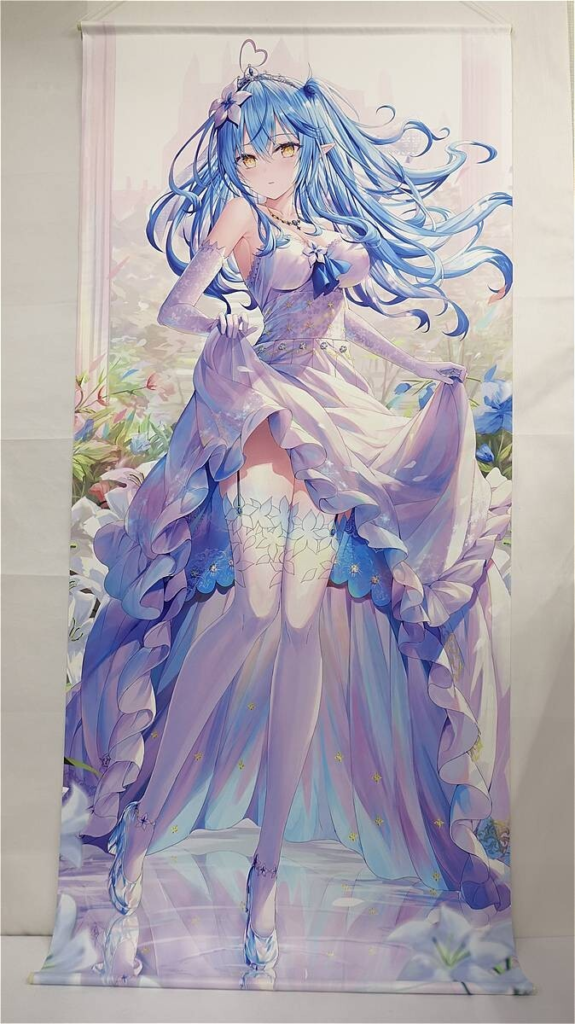 Full-length anime-style girl with long blue hair in a lavender flowing gown, standing in a pastel garden.