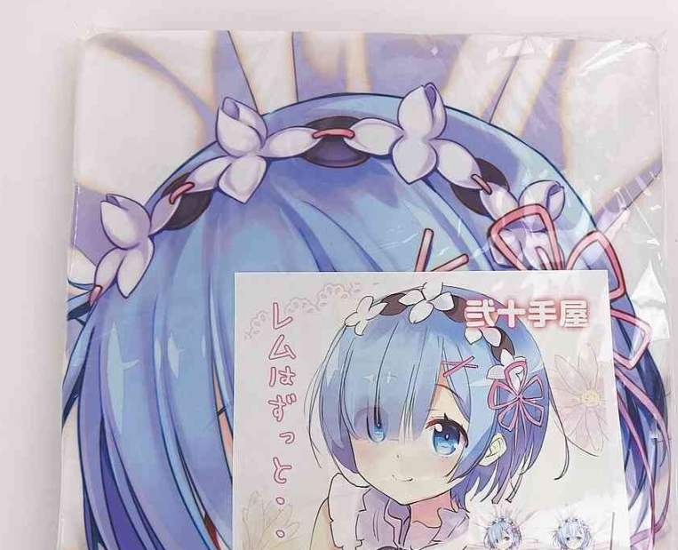 Illustration of a blue-haired anime girl wearing a white flower crown, printed on a poster still in plastic packaging, with pastel background.